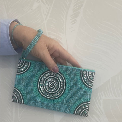Beaded Wristlet Purse (Turquoise/Pink)