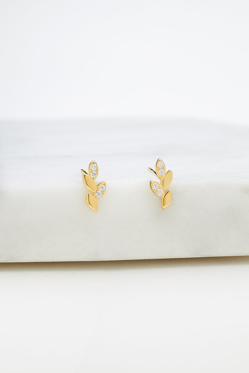 Crystal Leaf Stud Earring (925 Sterling Silver)