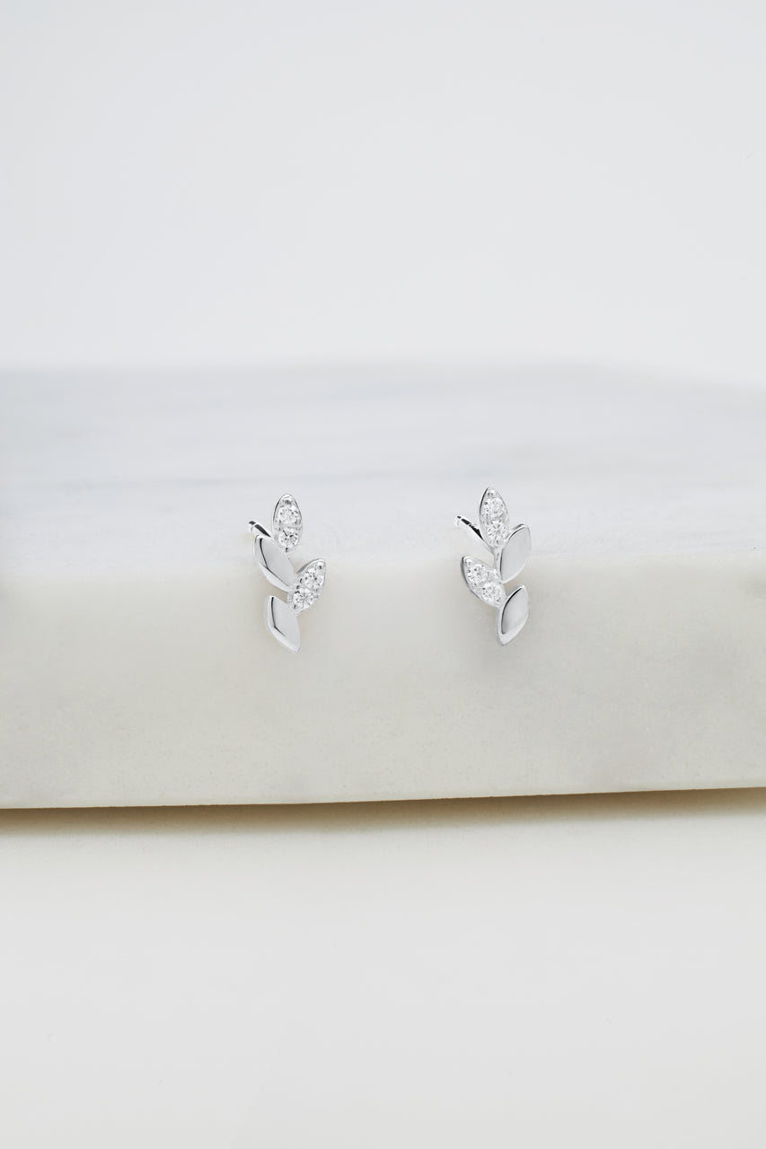 Crystal Leaf Stud Earring (925 Sterling Silver)