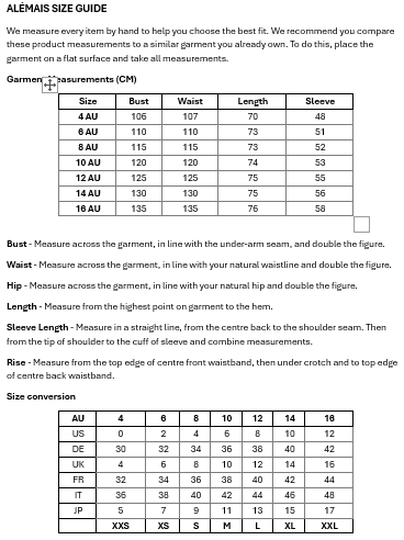 Size Guide for Rocco Shirtdress