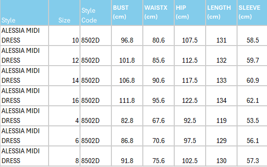 Size Guide for Alessia Midi Dress