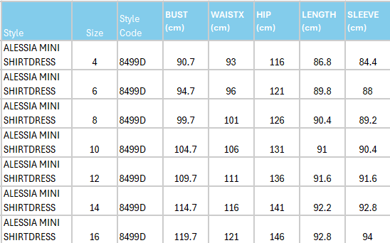 Size Guide for Alessia Mini Shirtdress