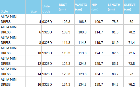Size Guide for Bermuda Buttercup Midi Dress