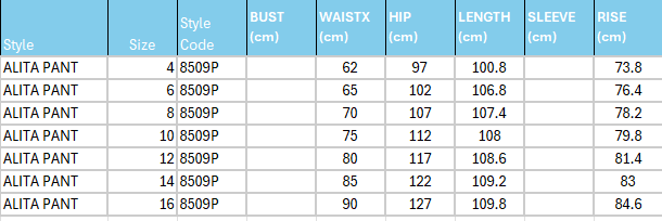 Size Guide for Alita Pant