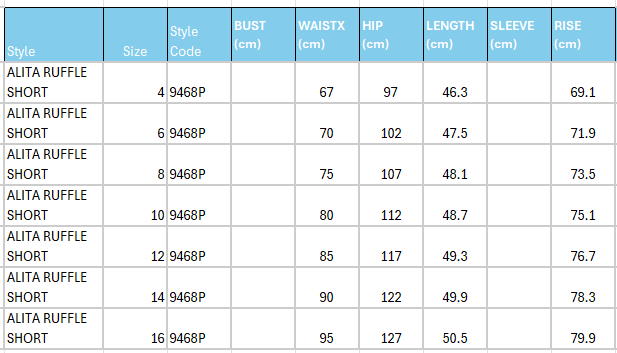 Size Guide for Alita Ruffle Short