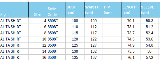 Size Guide for Alita Shirt