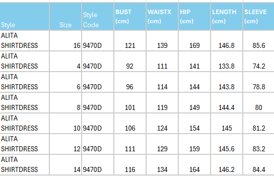 Size Guide for Alita Shirtdress