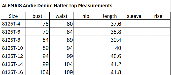 Size Guide for Andie Denim Halter Top