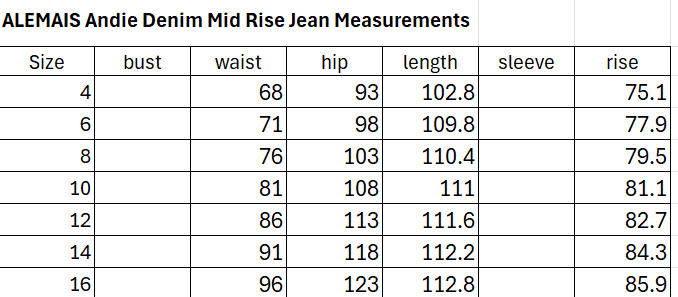 Size Guide for Andie Denim Mid Rise Jean