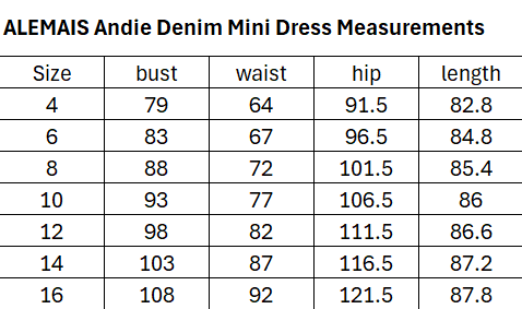 Size Guide for Andie Denim Mini Dress