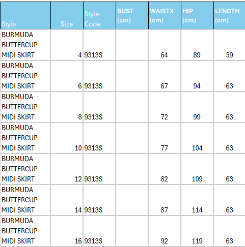 Size Guide for Bermuda Buttercup Midi Skirt