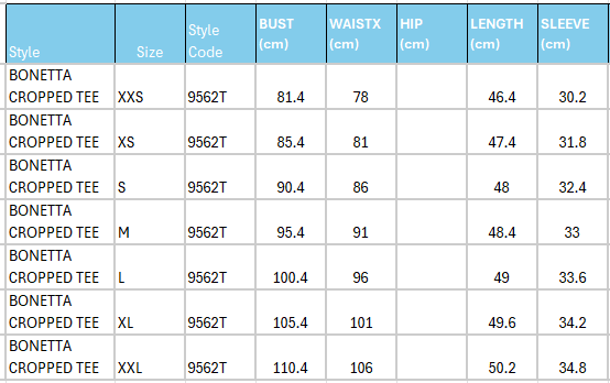 Size Guide for Bonetta Crop Tee