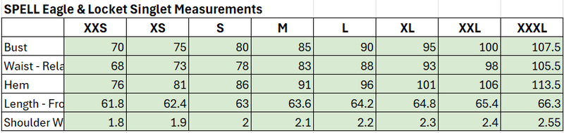 Size Guide for Eagle & Locket Singlet