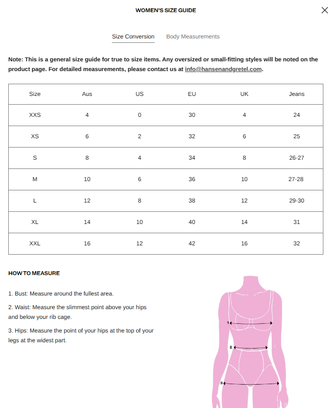 Size Guide for NYX Mini Skirt