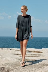 COTTON/TENCEL SHORT T-SHIRT DRESS - WASHED BLACK