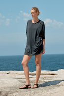 COTTON/TENCEL SHORT T-SHIRT DRESS - WASHED BLACK