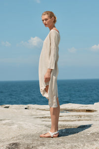 ASYMETRIC LINEN MIDI DRESS - NATURAL
