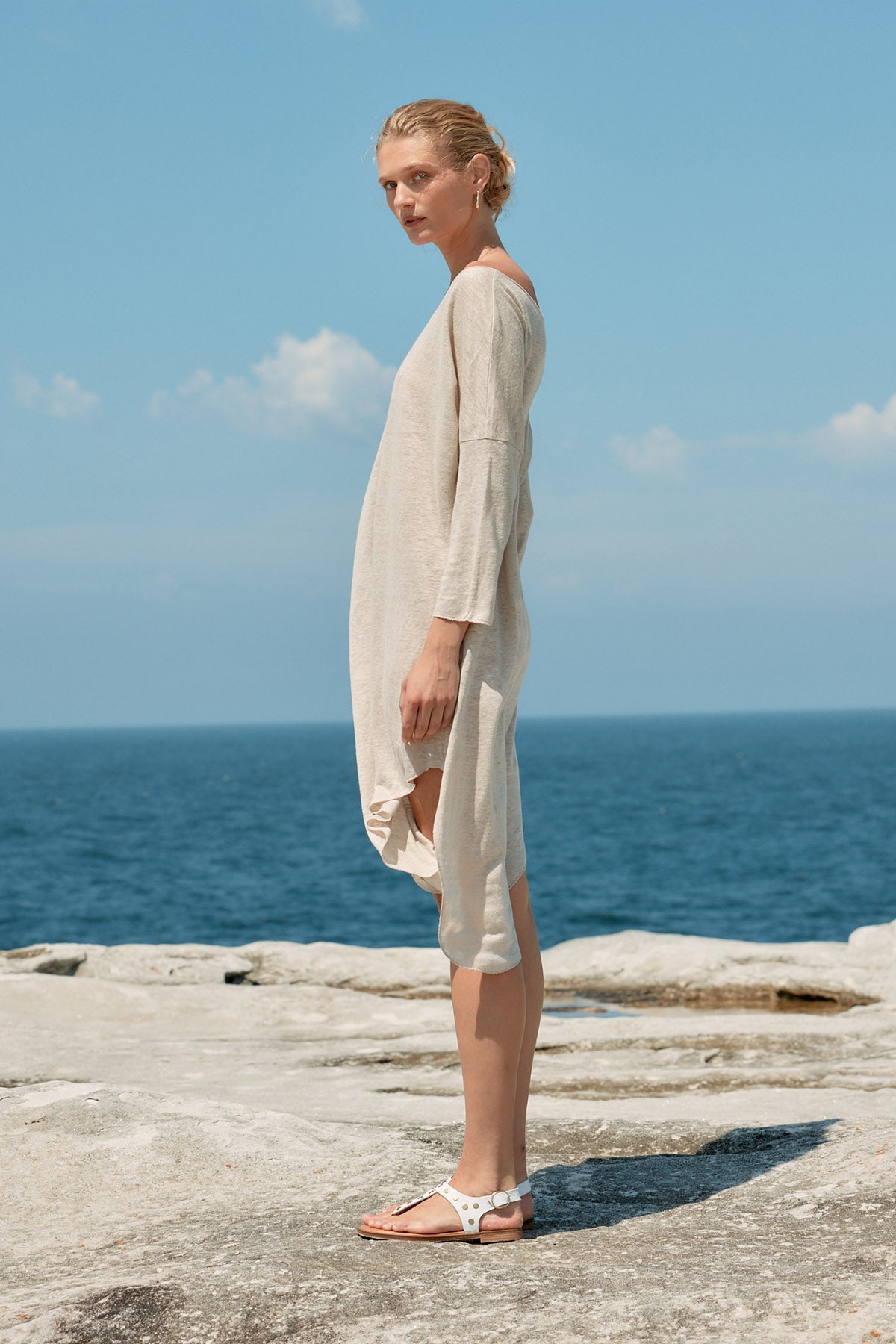 ASYMETRIC LINEN MIDI DRESS - NATURAL