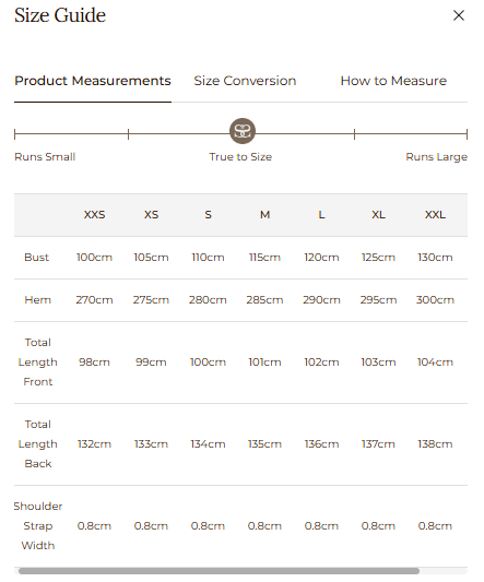 Size Guide for Isola Strappy Dress