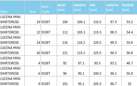 Size Guide for Lucena Midi Dress