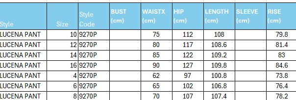Size Guide for Lucena Pant