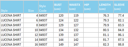Size Guide for Lucena Shirt