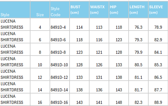 Size Guide for Lucena Shirtdress