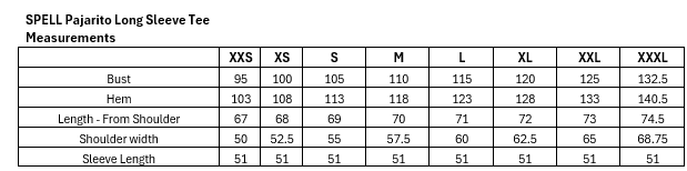 Size Guide for Pajarito Long Sleeve Tee