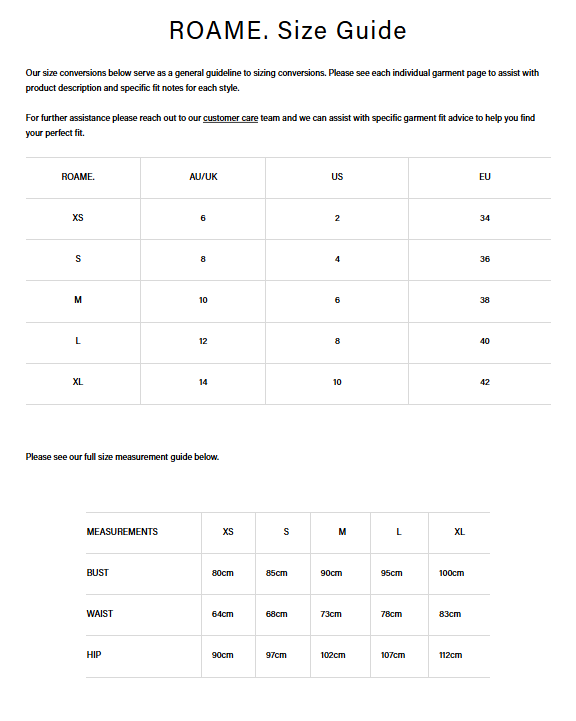 Size Guide for Berkely Mini Dress - Heritage Bloom
