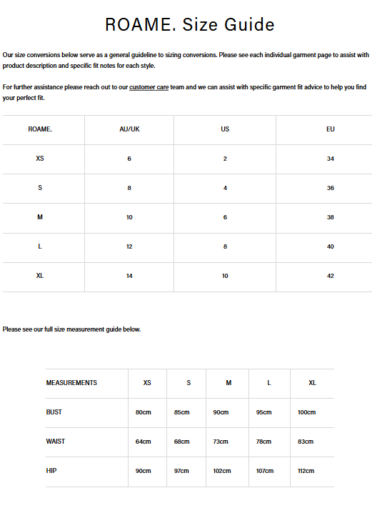Size Guide for Ischia Dress