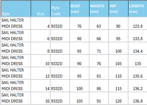 Size Guide for Sail Halter Midi Dress