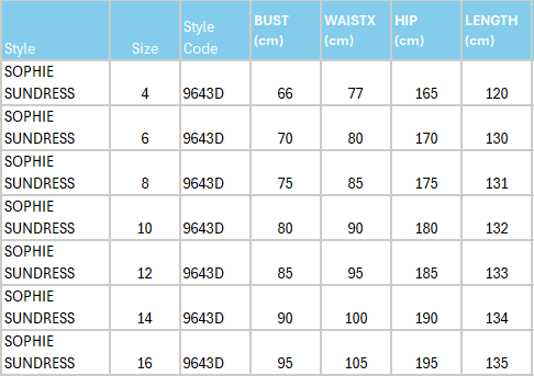 Size Guide for Sophie Sundress