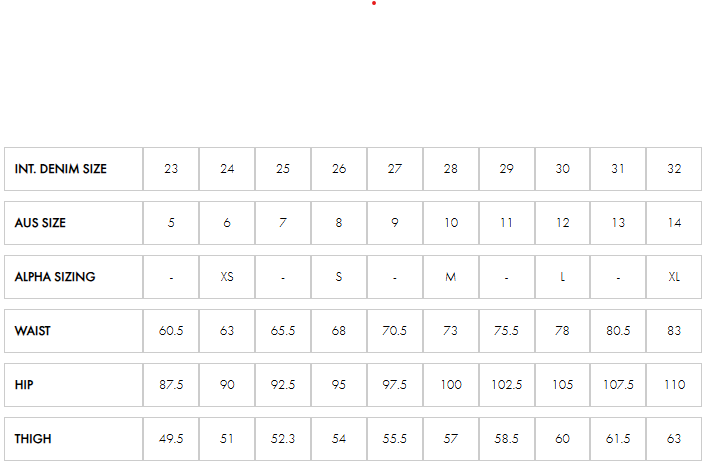 Size Guide for Eve Skirt