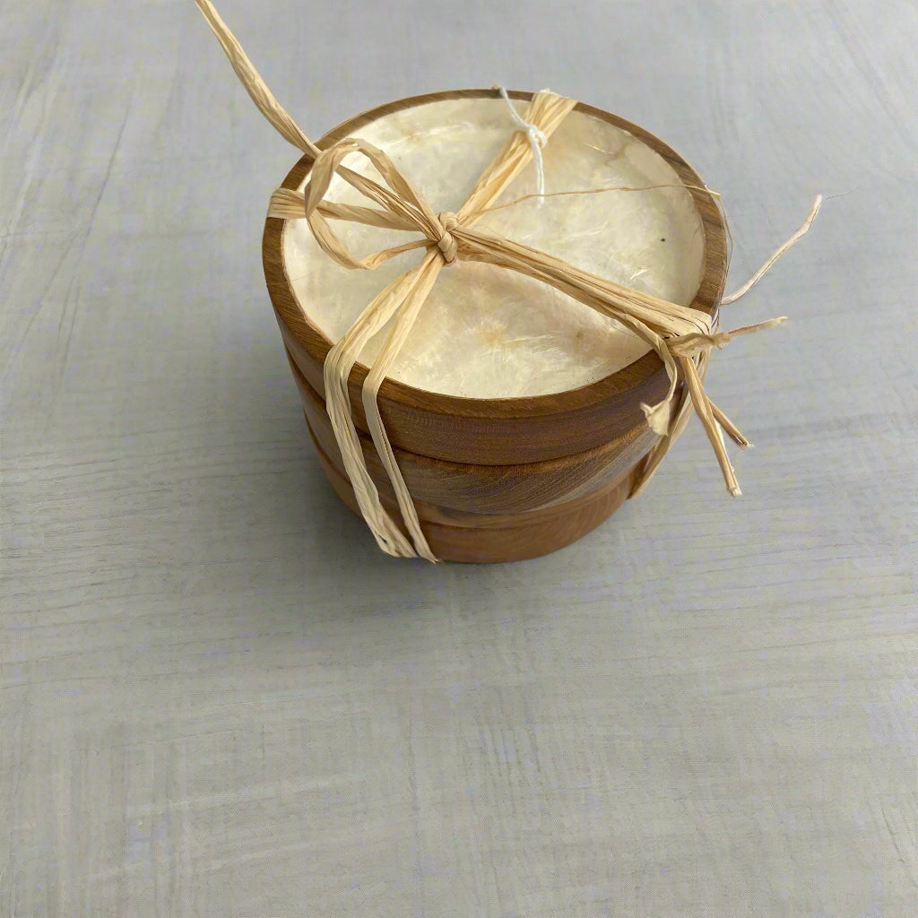 TEAK AND CAPIZ SHELL COASTERS (SET 4)
