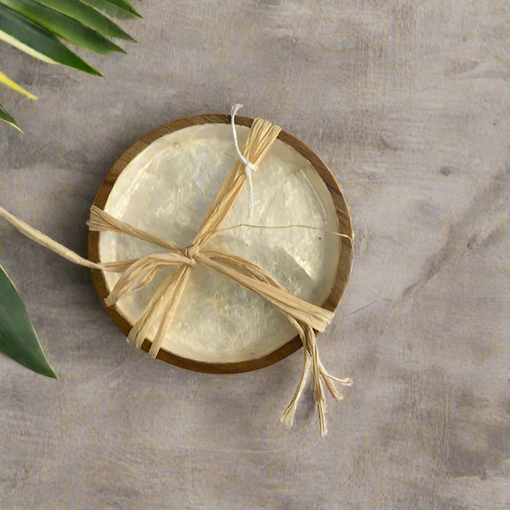TEAK AND CAPIZ SHELL COASTERS (SET 4)